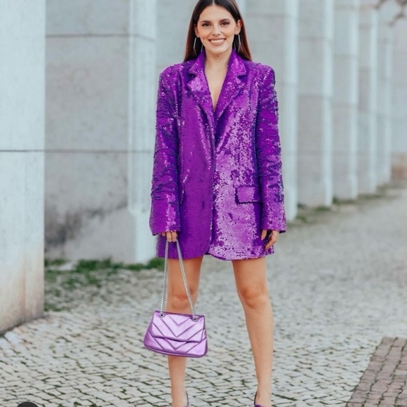 Zara Sequin Blazer Notch Lapel Oversized Jacket Purple Fuchsia XS - Picture 3 of 15
